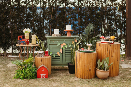 Farm themed birthday party with barnyard decorations, animals, and farm party supplies