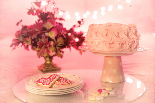 Valentine's Day party with pink and red heart decorations and romantic tableware