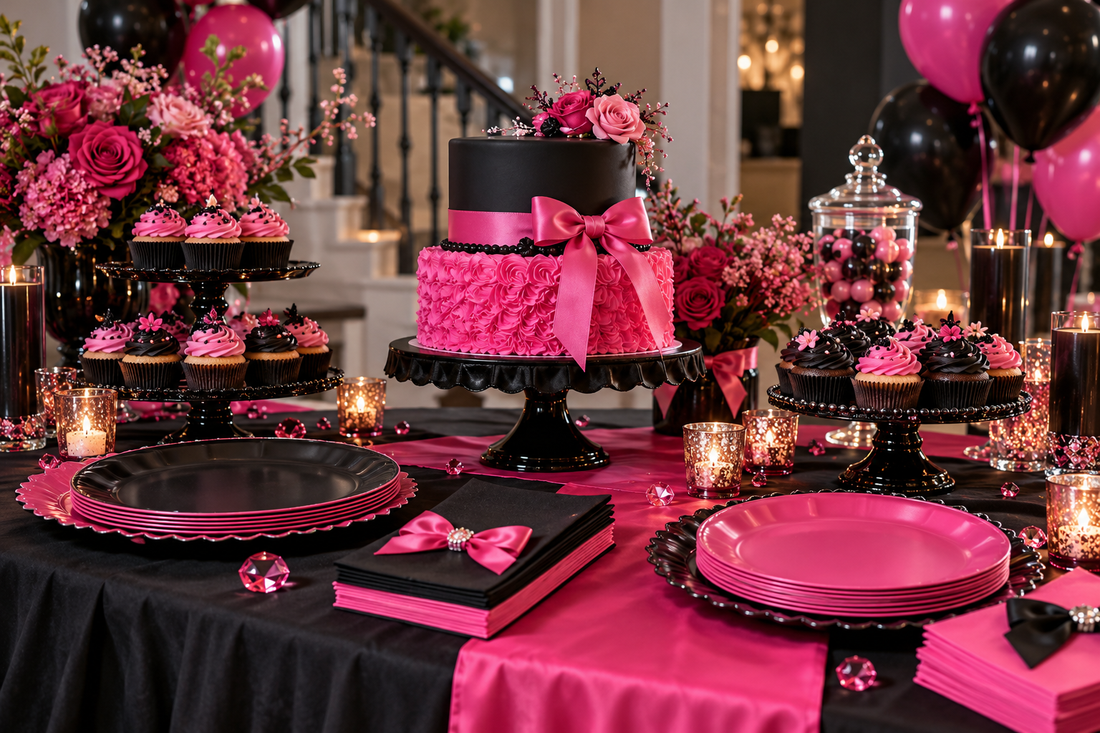 Black and pink Sweet 16 dessert table with layered cake, cupcakes, party plates and ribbons