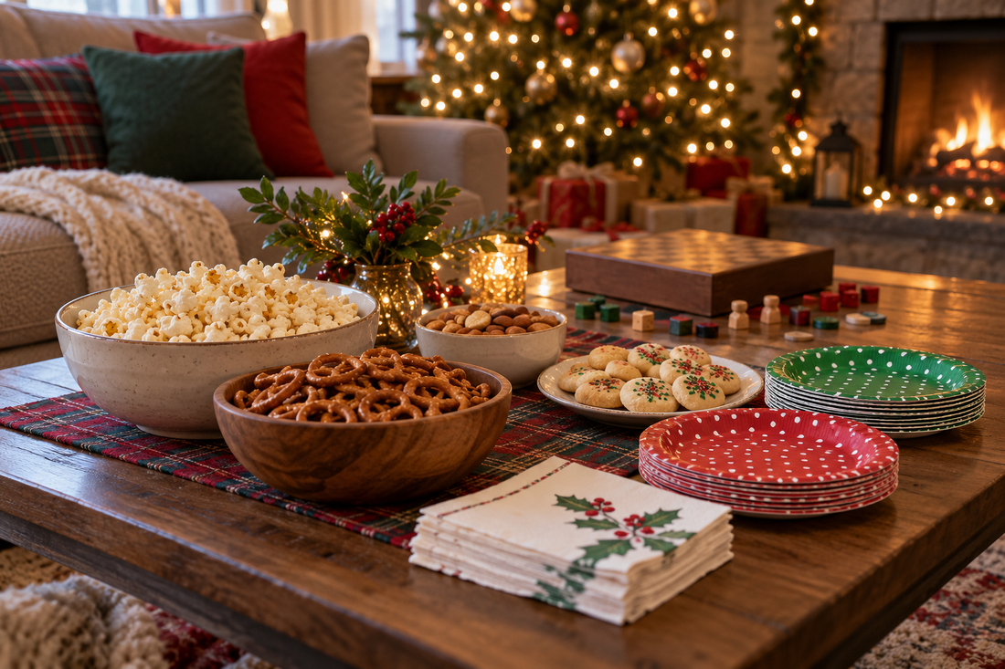 Christmas Eve game night snack table with popcorn, pretzels, dotted plates and a board game