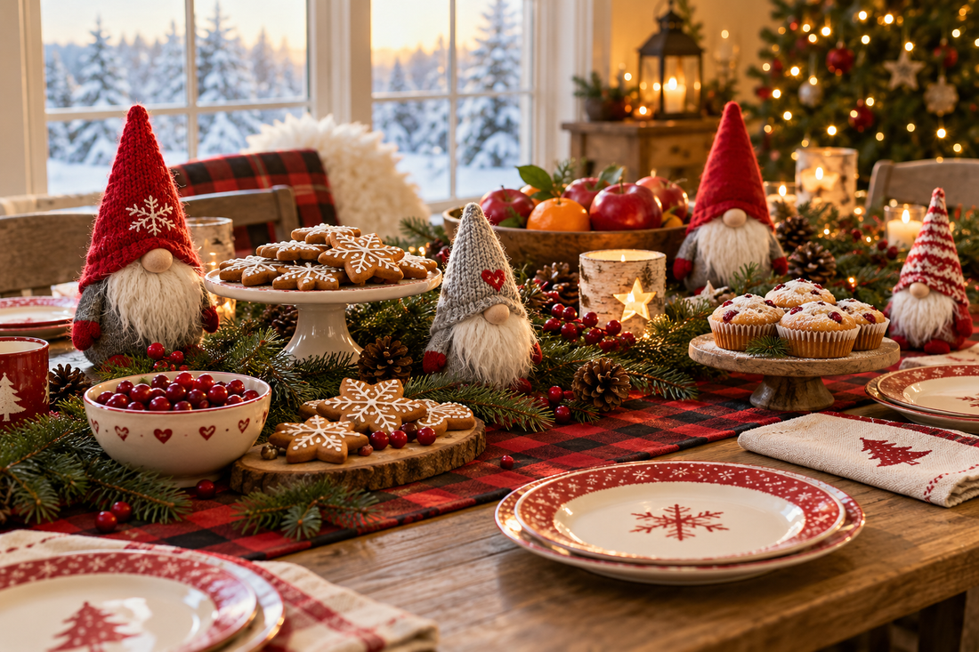 Christmas gnome dessert table with ginger cookies, muffins, festive plates and plaid runner