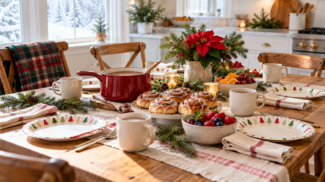 Christmas morning cocoa and breakfast table with festive plates, pastries and fruit