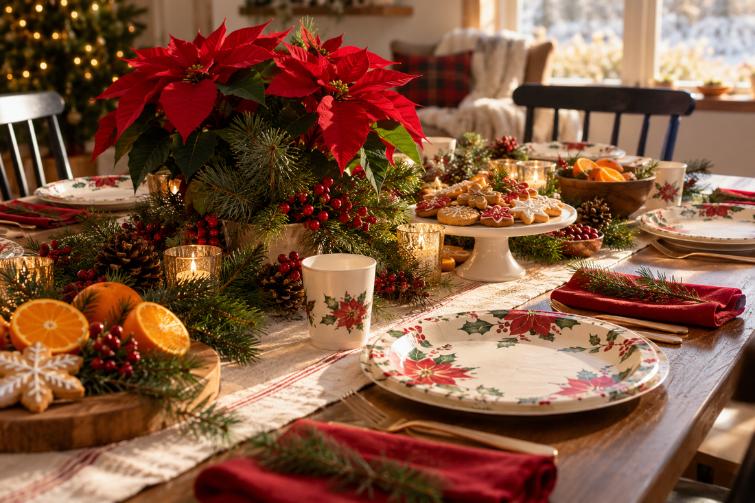 Christmas table with red poinsettias, pine greenery, holiday plates and cookies