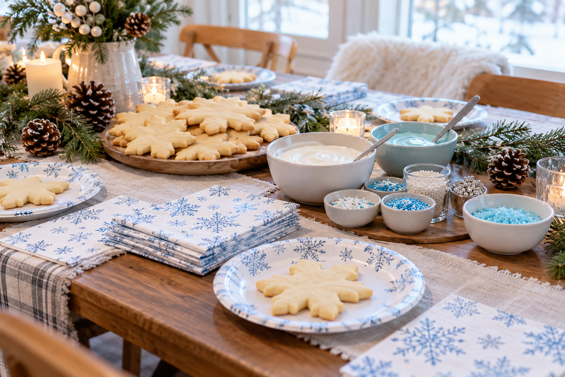 Christmas snowflake cookie decorating table with icing bowls, cookies and snowflake paper plates