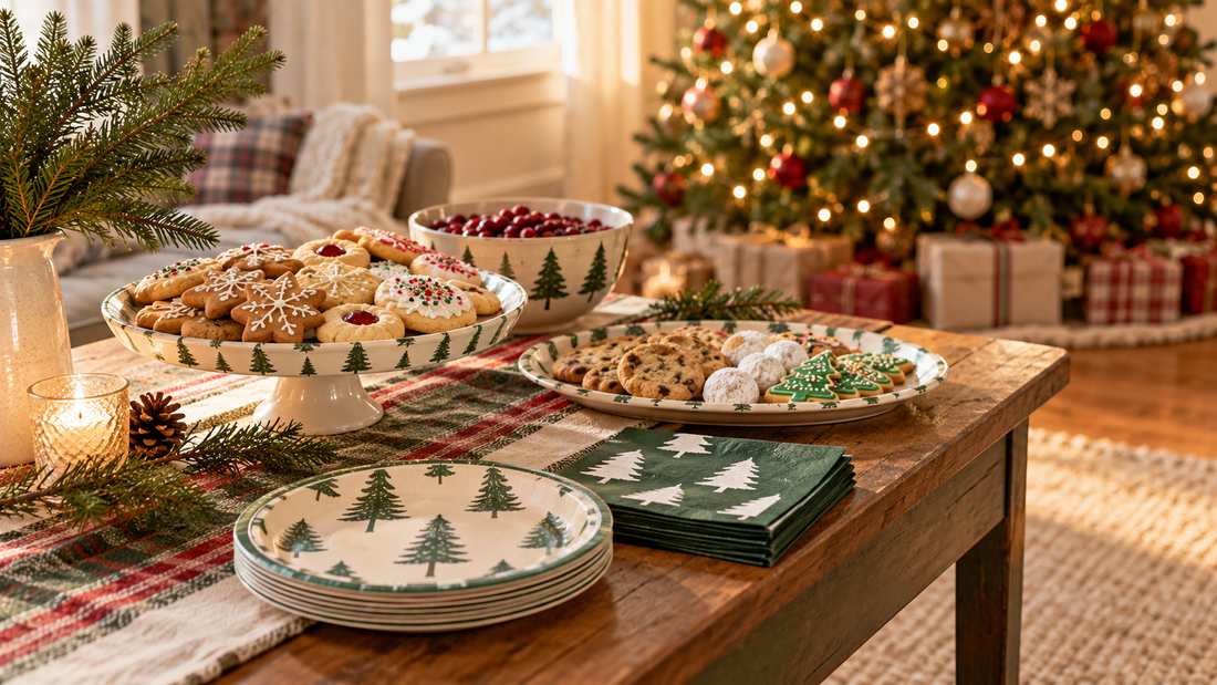 Christmas tree trimming snack table with cookies, pine tree plates and green napkins