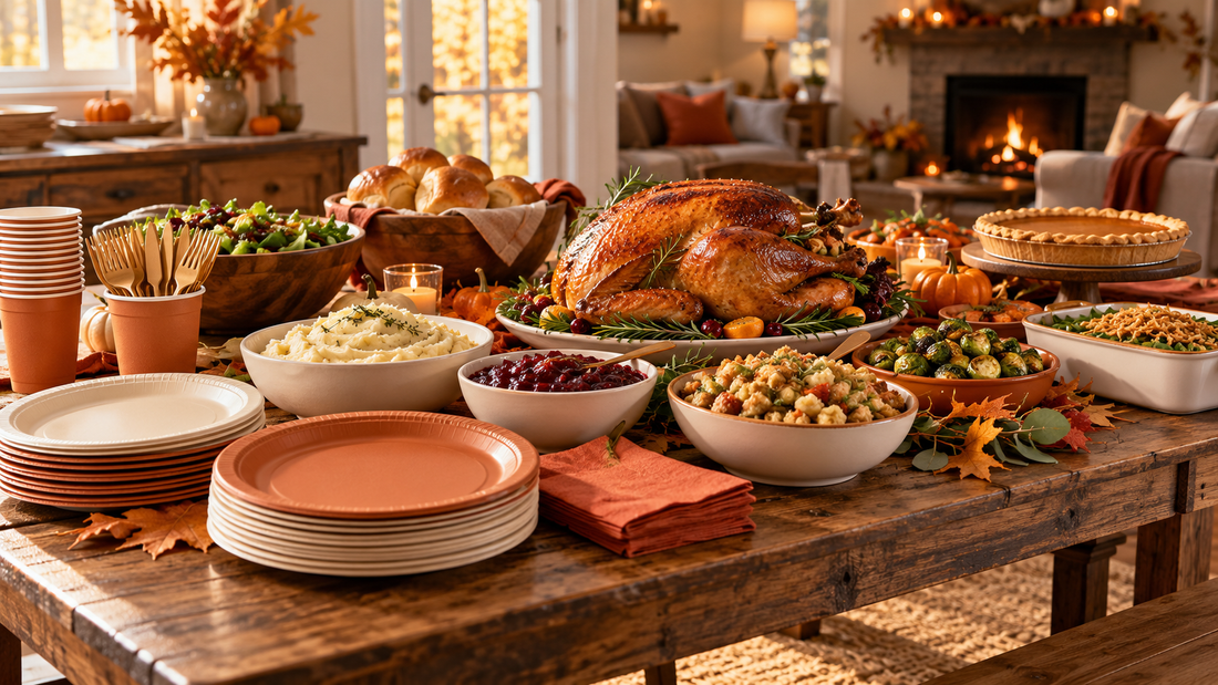 Friendsgiving buffet table with roast turkey, autumn side dishes, plates and cups