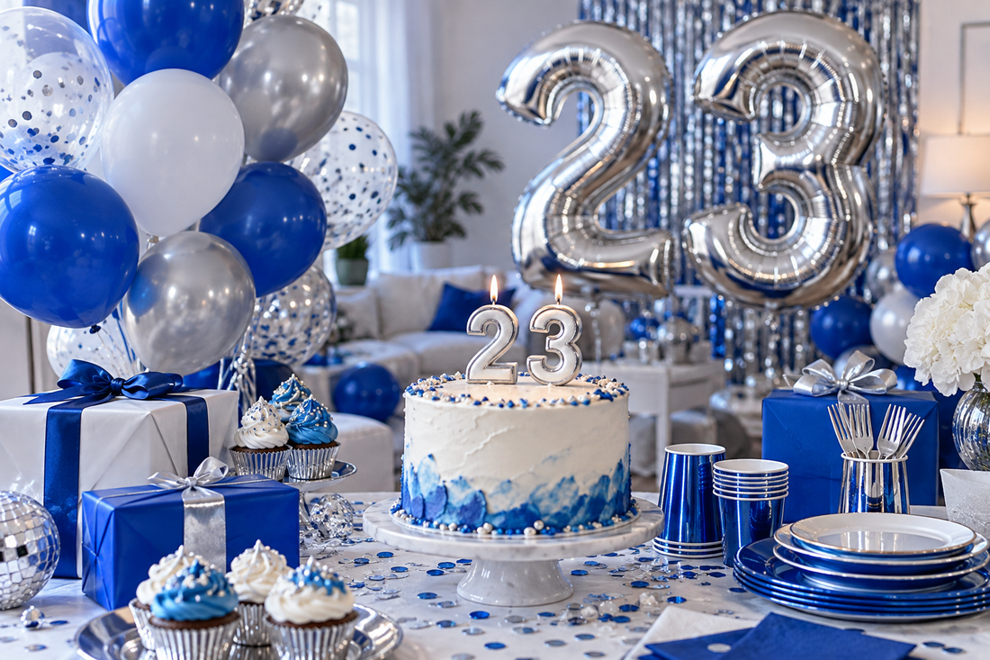 2027 23rd Birthday Party Supplies party planning scene with coordinated supplies
