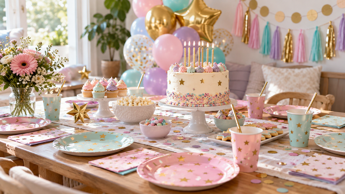 2027 10th birthday decorations party planning scene with coordinated supplies