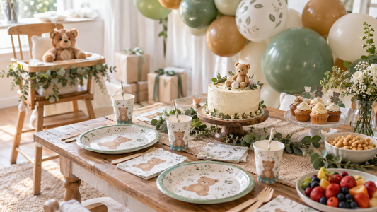 2027 1st birthday party plates party planning scene with coordinated supplies