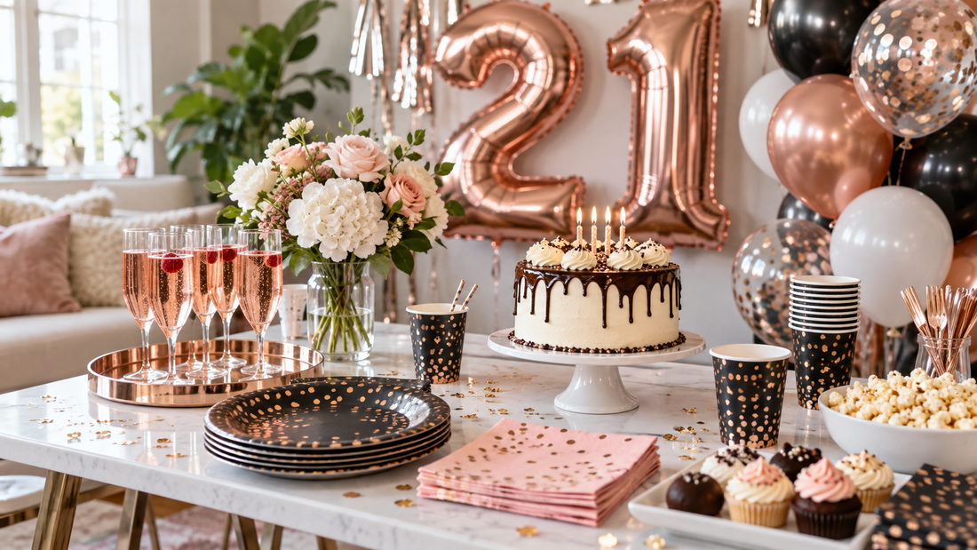 2027 21st birthday party supplies party planning scene with coordinated supplies