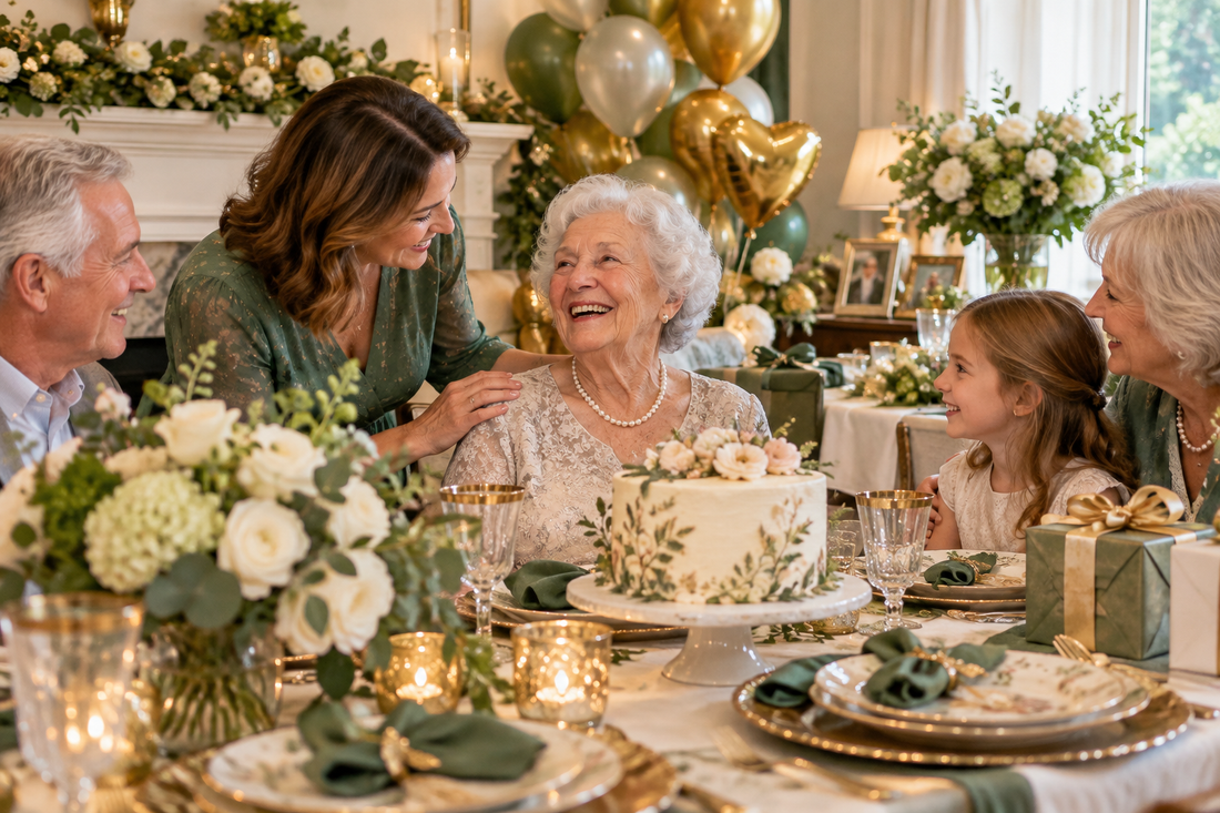 2027 95th birthday decorations party planning scene with coordinated supplies