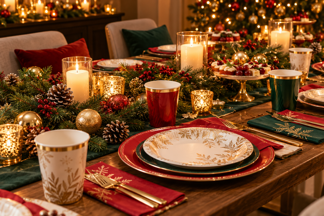 Christmas party tableware with red green and gold disposable plates and napkins