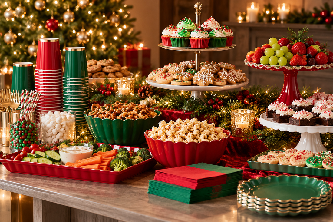 Christmas party food table with red green serving pieces cups and dessert supplies