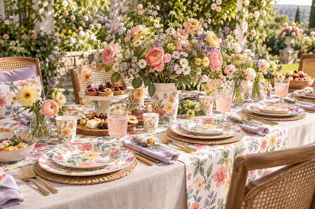 2027 Floral paper plates party planning scene with coordinated supplies