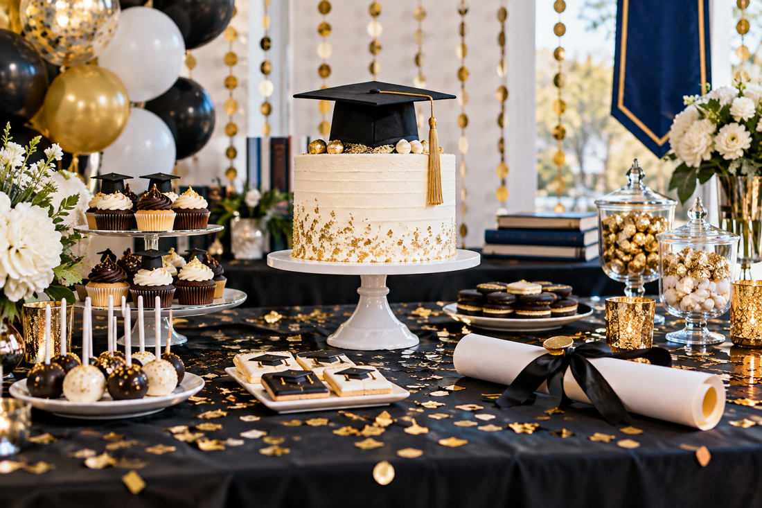 2027 Graduation party supplies party planning scene with coordinated supplies