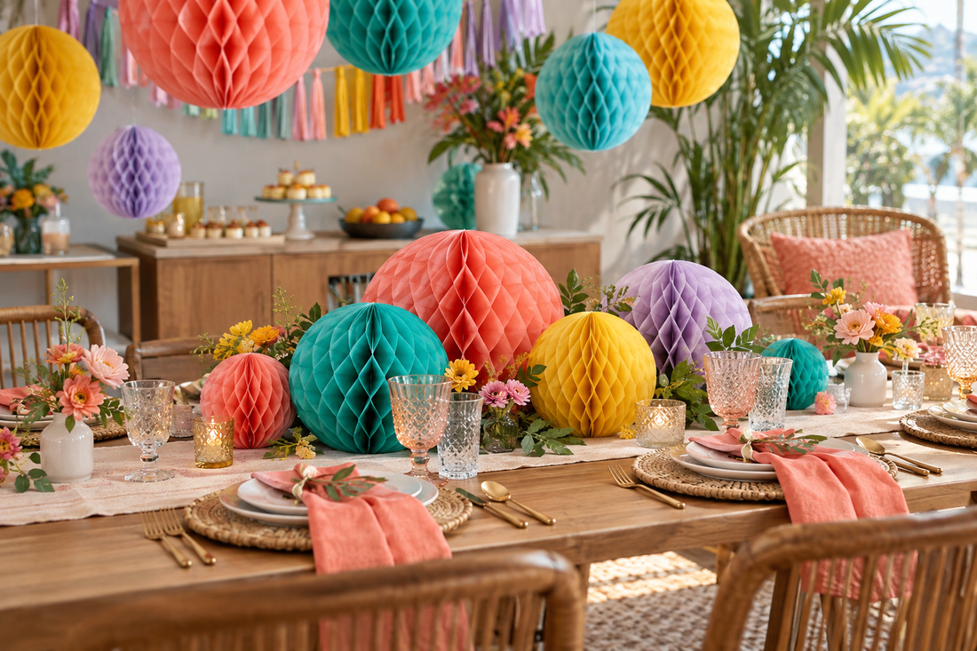2027 Honeycomb Centerpieces party planning scene with coordinated supplies