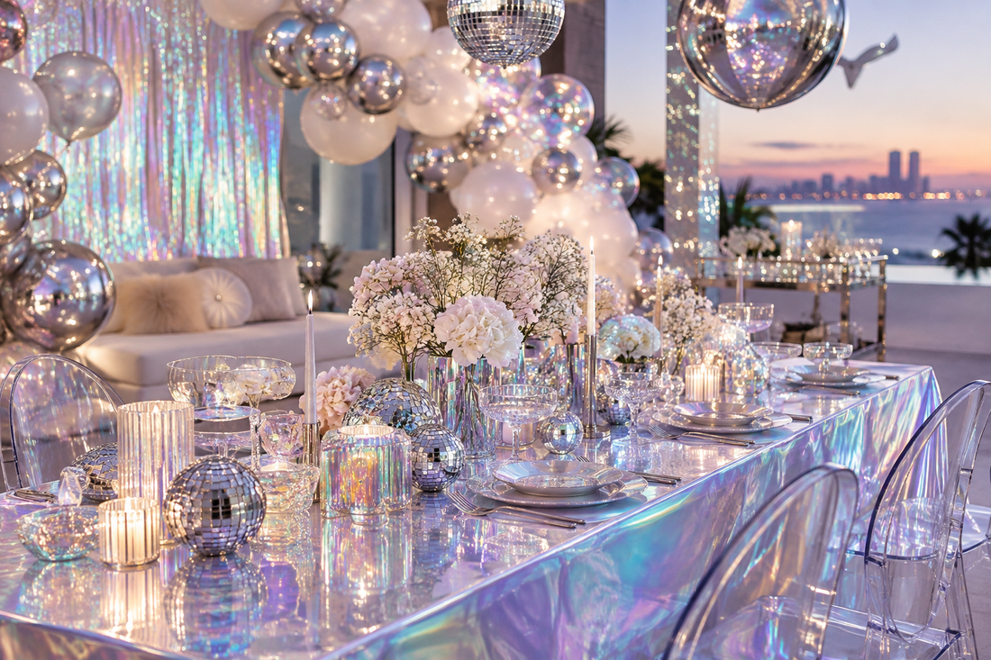 2027 Iridescent party supplies party planning scene with coordinated supplies