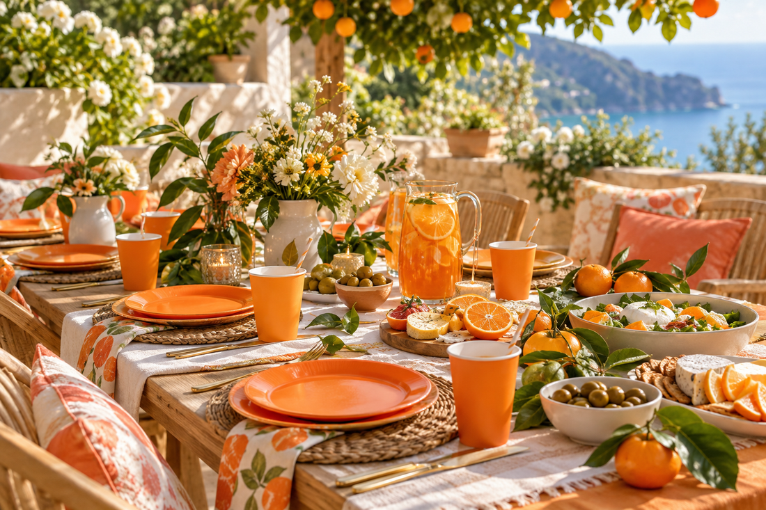 2027 Orange paper plates party planning scene with coordinated supplies