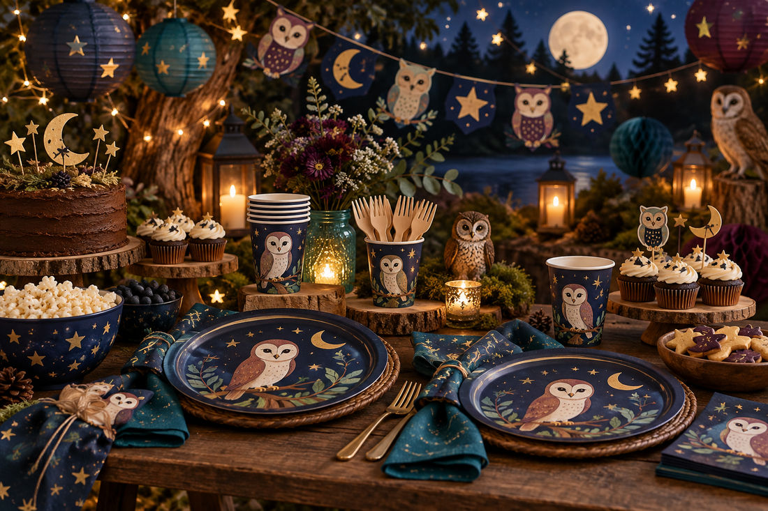 2027 Owl party supplies party planning scene with coordinated supplies