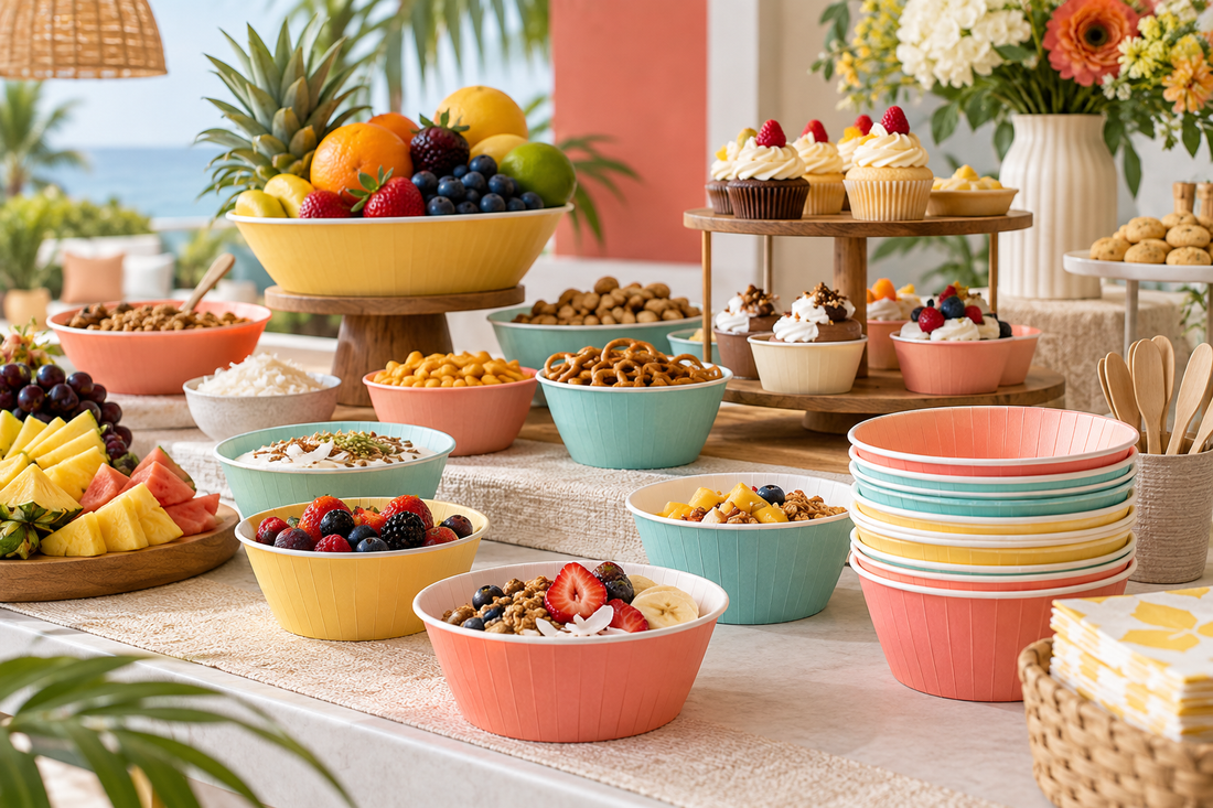 2027 Paper bowls party planning scene with coordinated supplies