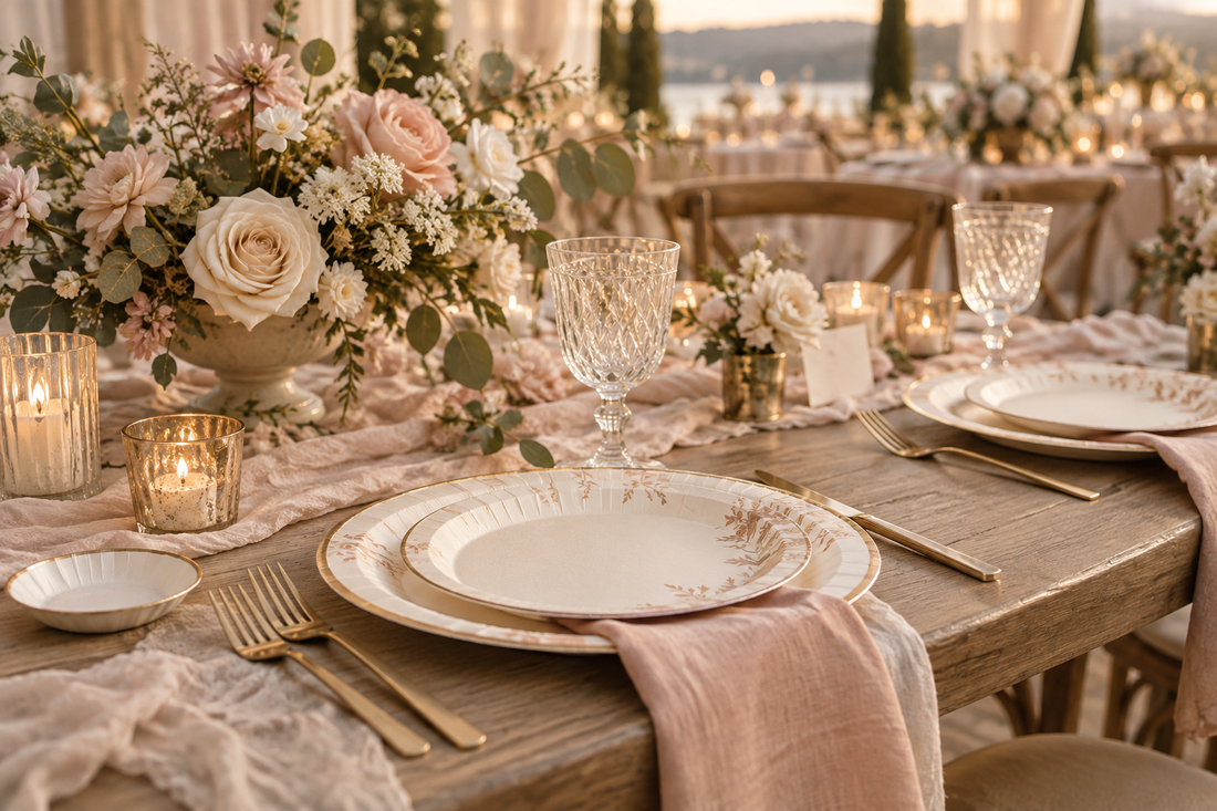2027 Paper plates for wedding party planning scene with coordinated supplies