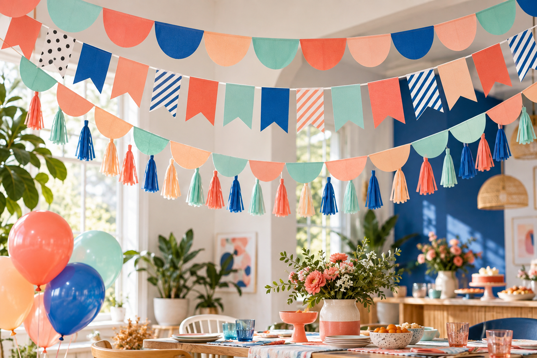 2027 Party banners party planning scene with coordinated supplies