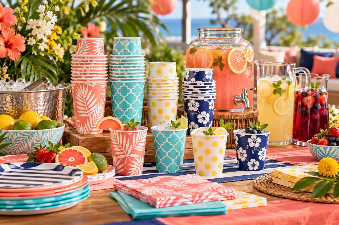 2027 Party paper cups party planning scene with coordinated supplies