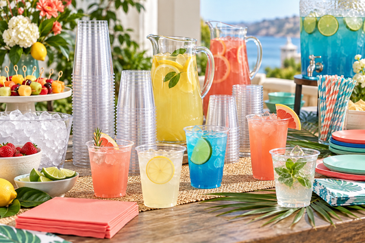 2027 Plastic cups party planning scene with coordinated supplies
