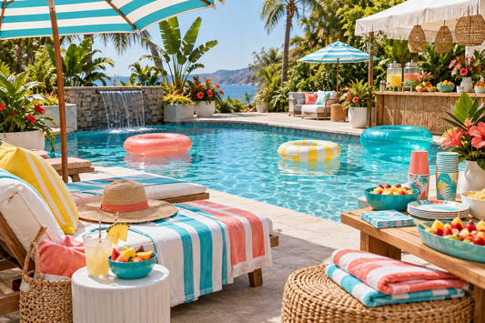 2027 Pool party supplies party planning scene with coordinated supplies