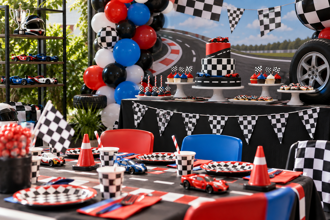 2027 Race car party supplies party planning scene with coordinated supplies