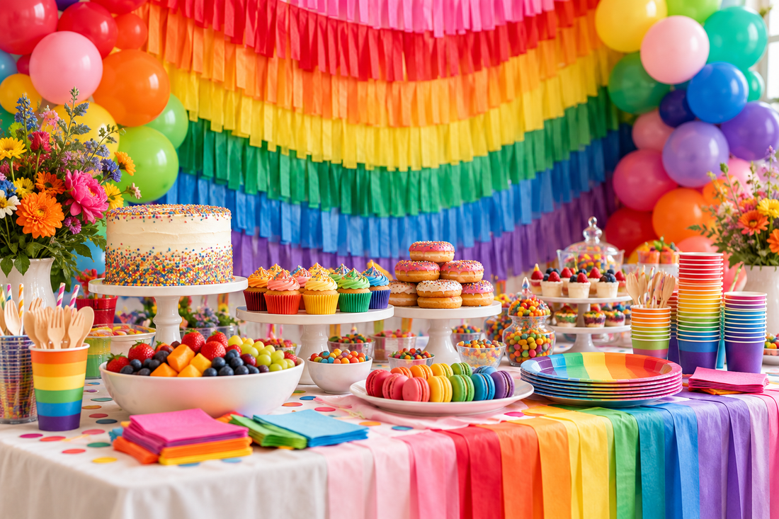 2027 Rainbow party supplies party planning scene with coordinated supplies