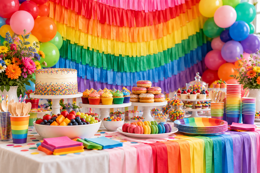 2027 Rainbow party supplies party planning scene with coordinated supplies