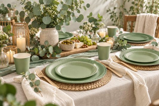 2027 Sage green paper plates party planning scene with coordinated supplies