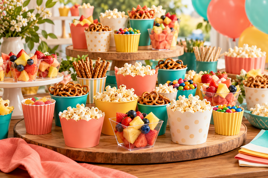 2027 Snack cups party planning scene with coordinated supplies