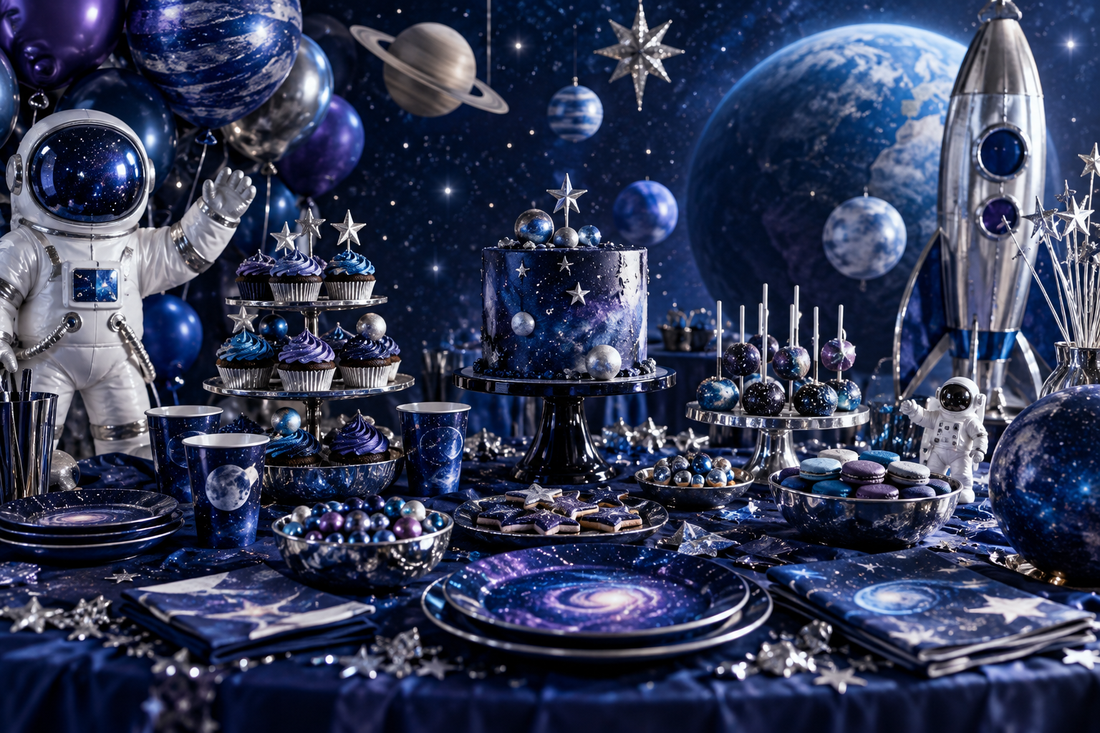 2027 Space party supplies party planning scene with coordinated supplies