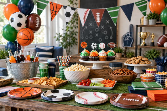 2027 Sports party supplies party planning scene with coordinated supplies