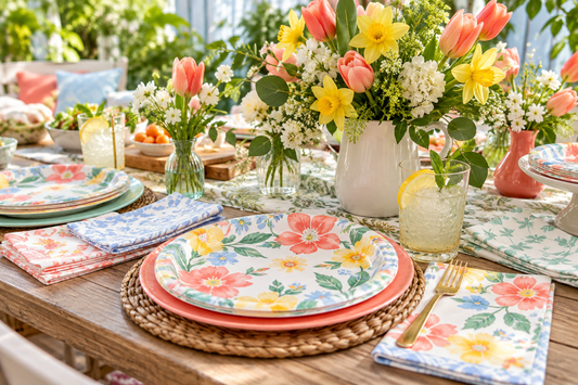 2027 Spring party plates and napkins party planning scene with coordinated supplies