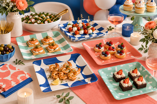 2027 Square paper plates party planning scene with coordinated supplies