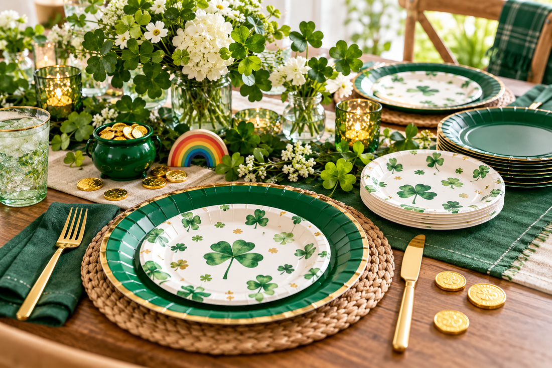 2027 St. Patrick's Day paper plates party planning scene with coordinated supplies