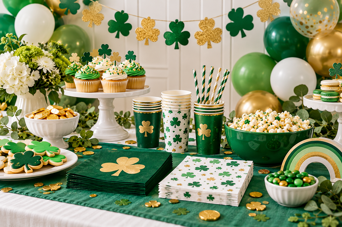 2027 St. Patrick's Day party supplies party planning scene with coordinated supplies