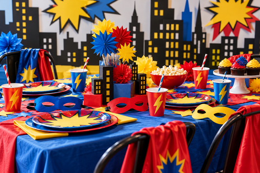2027 Superhero party supplies party planning scene with coordinated supplies
