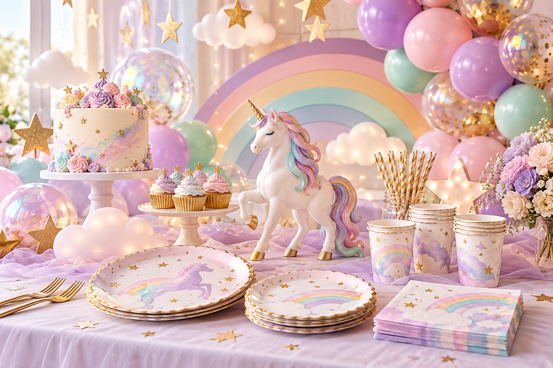 2027 Unicorn party supplies party planning scene with coordinated supplies