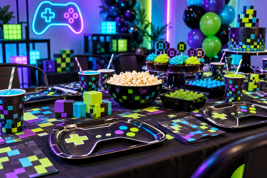 2027 Video game party supplies party planning scene with coordinated supplies