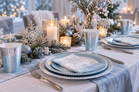 2027 Winter party decorations and supplies party planning scene with coordinated supplies