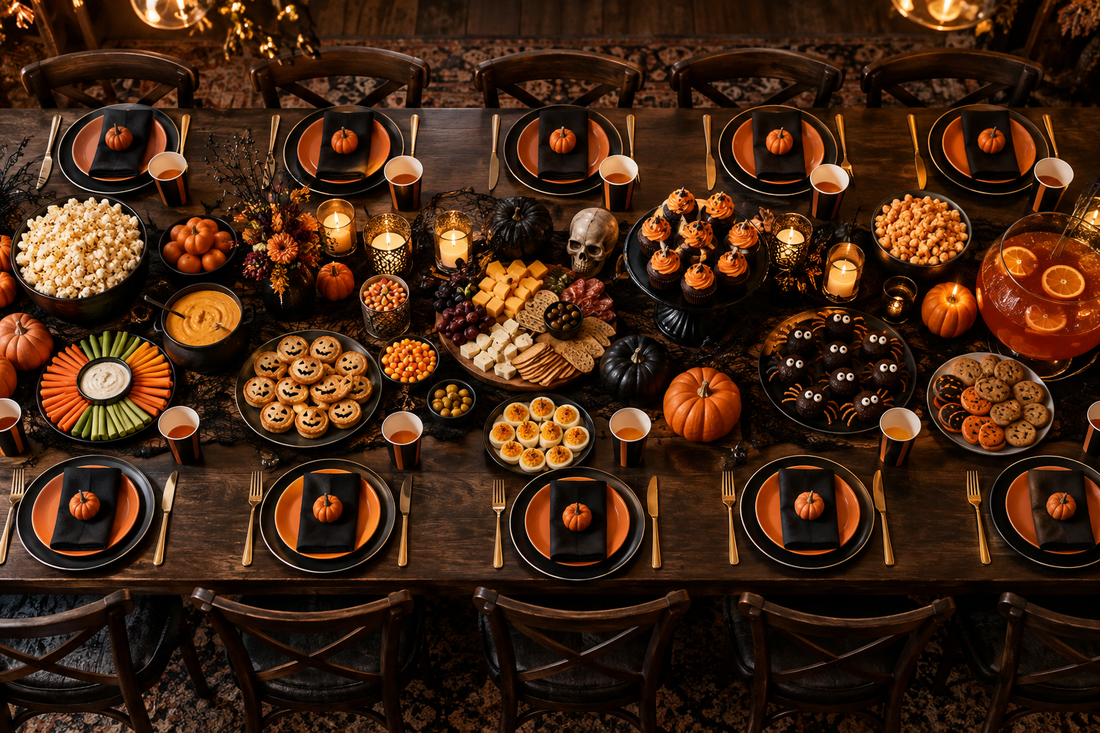 Halloween buffet for 24 guests with orange and black party tableware