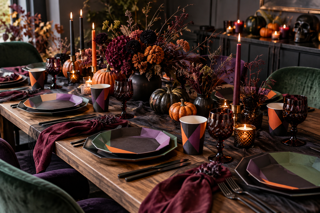 Alternative-color Halloween table with purple, green, orange, and black tableware