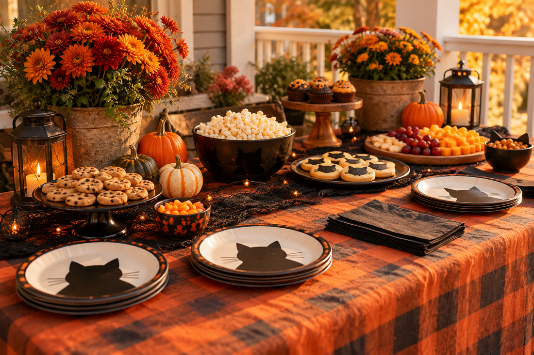 Halloween black cat snack table with cat motif plates, cookies, popcorn and pumpkins