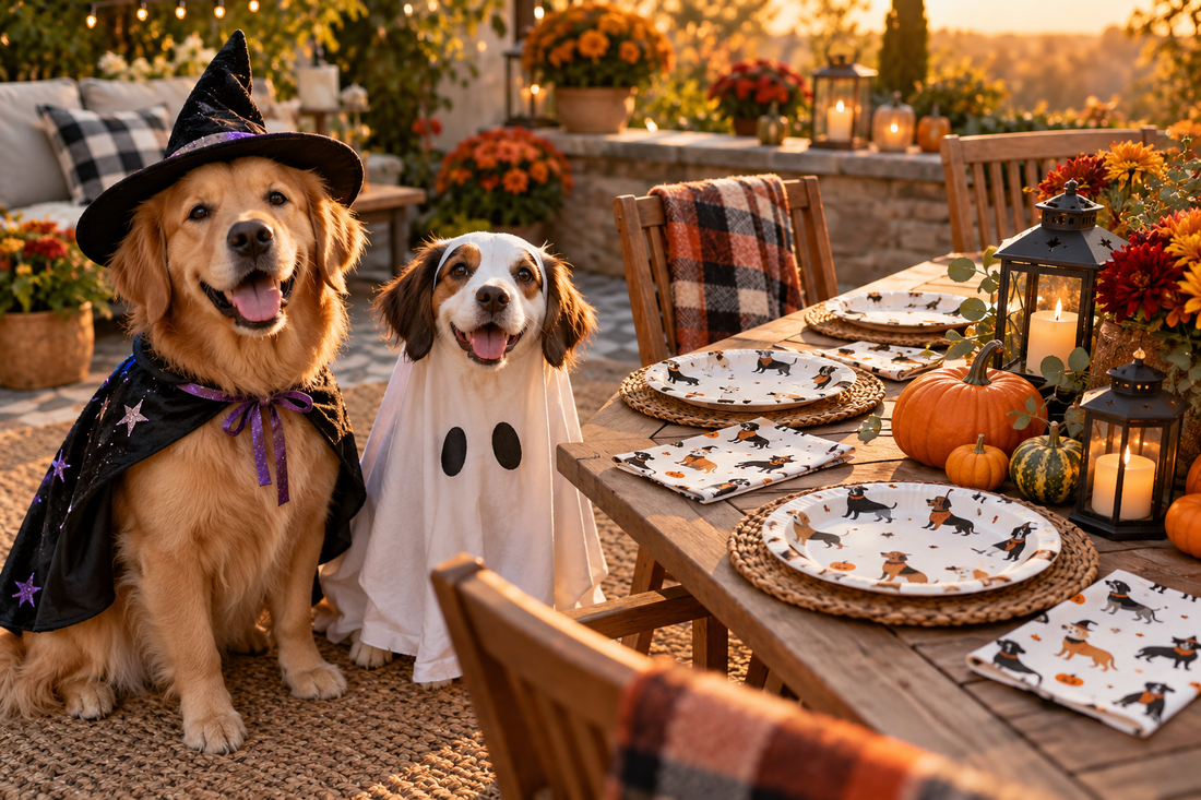 Halloween dog costume party table with dog-patterned plates, pumpkins and two costumed dogs