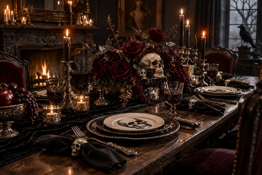 Gothic Halloween table with skull plates, roses, and candlelight