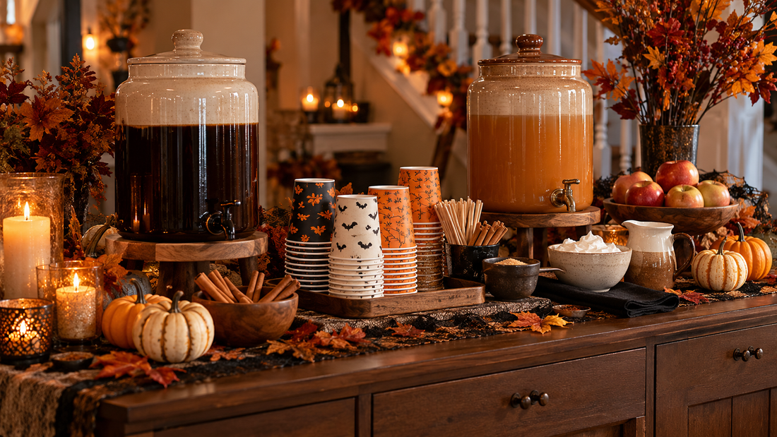 Halloween hot drink station with coffee and cider dispensers, paper cups, apples and pumpkins